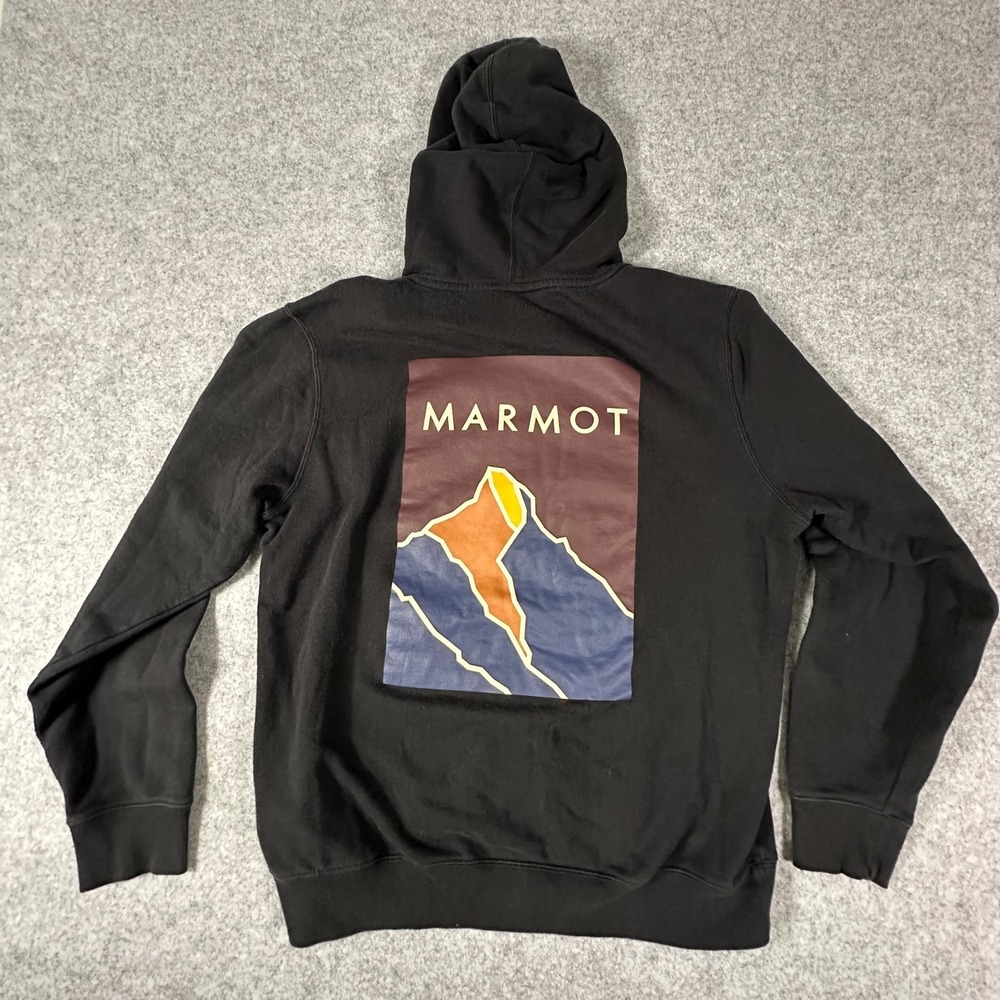 Marmot Mountain Works Hoodie Mens Large Black Graphic Back Pullover